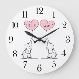 Personalisiertes Twins Baby Elephants Kinderzimmer Große Wanduhr