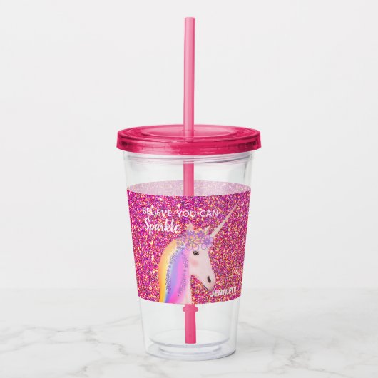 Personalisiertes Unicorn Girly Pink Glitzer Sparka Acryltrinkbecher (Vorderseite)