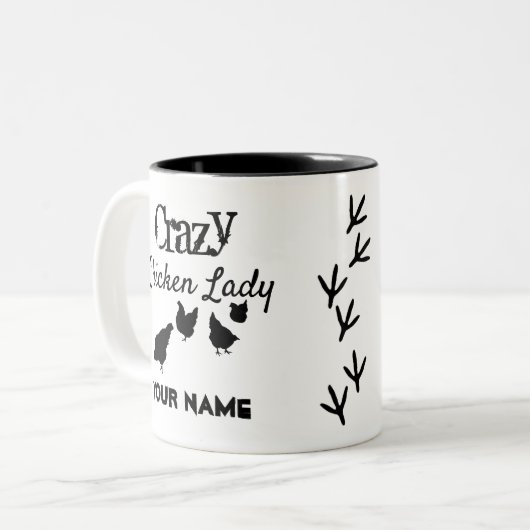 Personalisiertes verrücktes Huhn-schwarze u. weiße Zweifarbige Tasse (Vorderseite Links)
