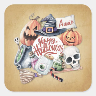 Personalisiertes Vintag Happy Halloween   Aufklebe Quadratischer Aufkleber