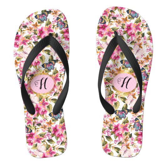 Personalisiertes Vintag rosa Blumenmuster Monogram Badesandalen (Fußbett)