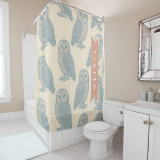 Personalisiertes Vintage Blau Eule Wald Cottagecor Duschvorhang