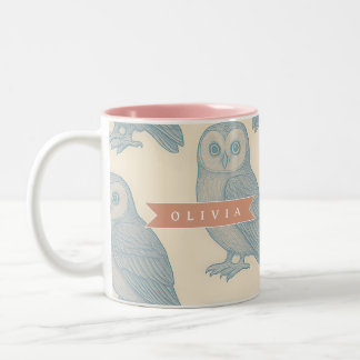 Personalisiertes Vintage Blau Eule Wald Cottagecor Zweifarbige Tasse