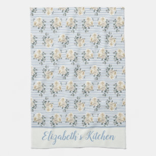 Personalisiertes Vintage Blau Weiß Streifen Floral Geschirrtuch