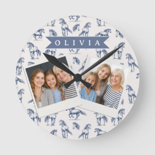 Personalisiertes Vintage Blaues Pferd Klassisches Runde Wanduhr