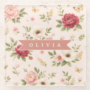 Personalisiertes Vintage-Blumen-Romantisches Namen Glasuntersetzer