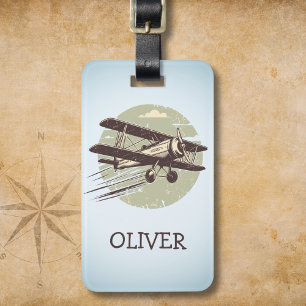 Personalisiertes Vintage-Doppeldeckerflugzeug Gepäckanhänger