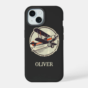 Personalisiertes vintage grünes Doppeldeckerflugze iPhone 15 Hülle