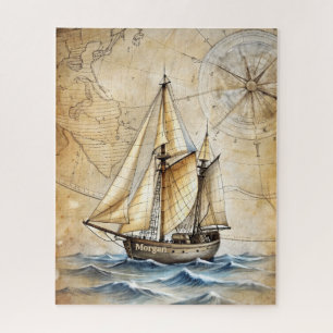 Personalisiertes Vintage-Nautik-Schiff mit antiker Puzzle