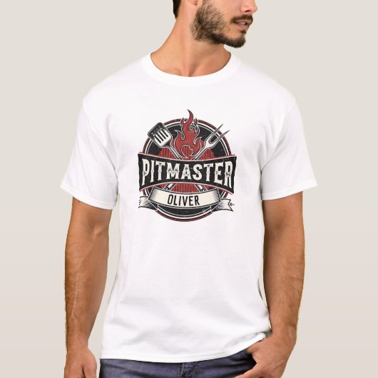 Personalisiertes Vintage-Pitmaster-BBQ-Logo T-Shirt (Vorderseite)