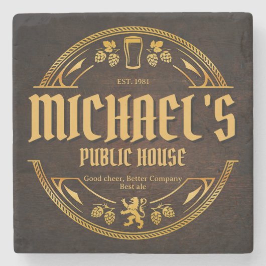 Personalisiertes Vintage-Pub-Schild aus rustikalem Steinuntersetzer (Vorderseite)