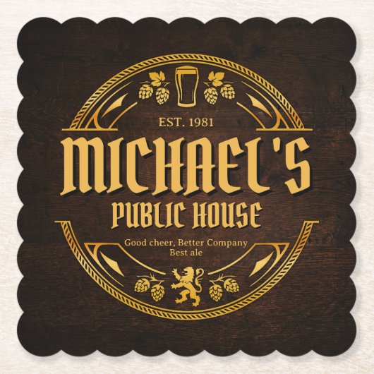 Personalisiertes Vintage-Pub-Schild aus rustikalem Untersetzer (Vorderseite)