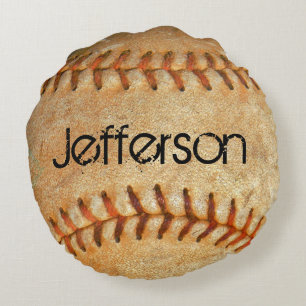 Personalisiertes Vintage-Weiß Baseball rote Sticke Rundes Kissen