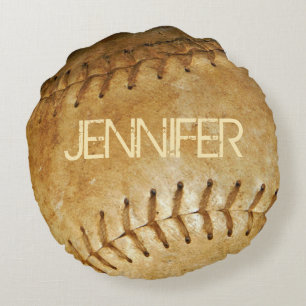 Personalisiertes Vintage-Weiß Softball Weiß Stitch Rundes Kissen