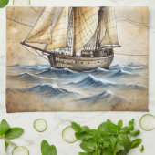 Personalisiertes Vintages Schiff mit antiker Karte Geschirrtuch (Gefaltet)