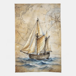 Personalisiertes Vintages Schiff mit antiker Karte Geschirrtuch