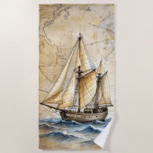 Personalisiertes Vintages Schiff mit antiker Karte Strandtuch (Vorderseite)