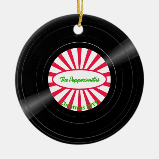 Personalisiertes Vinyl Record Red Ray Burst Foto Keramik Ornament (Vorne)