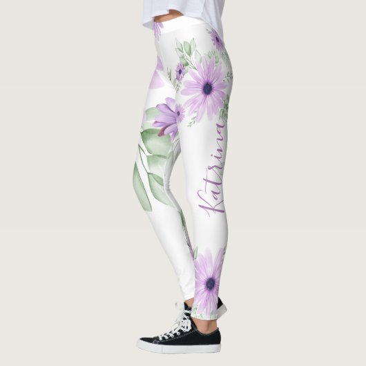 Personalisiertes Violett Grün, Aquarell Blume Leggings (Links)
