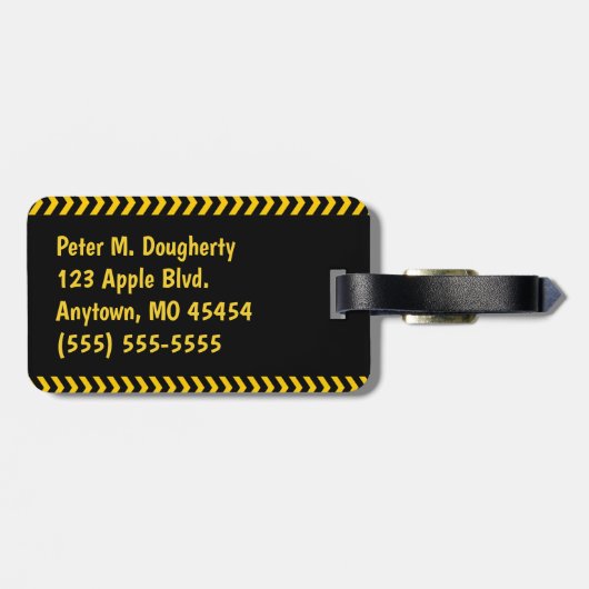 Personalisiertes Vorsichtsband auf Schwarz mit Nam Gepäckanhänger (Rückseite horizontal)
