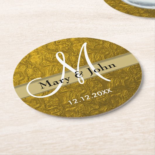 Personalisiertes Wedding Monogram Gold Muster Runder Pappuntersetzer (Angewinkelt)