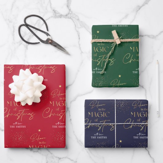 Personalisiertes Weihnachts-Gold-Script Red Green Geschenkpapier Set (Vorderseite)