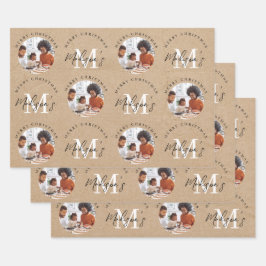 Personalisiertes Weihnachts-Kraft-Monogram-Foto Geschenkpapier Set
