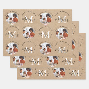 Personalisiertes Weihnachts-Kraft-Monogram-Foto Geschenkpapier Set