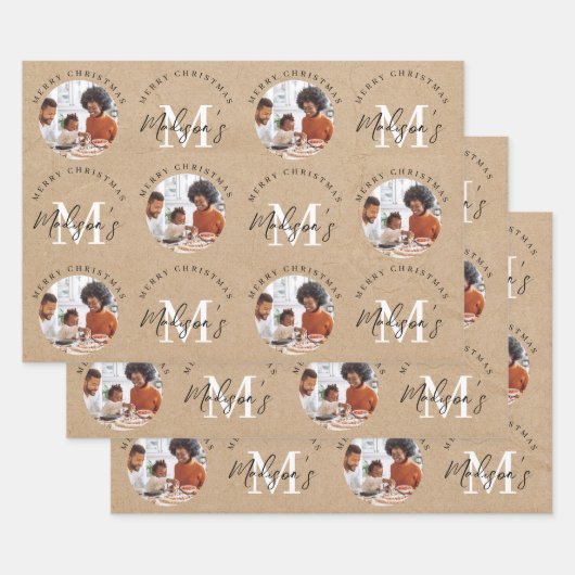 Personalisiertes Weihnachts-Kraft-Monogram-Foto Geschenkpapier Set (Set)