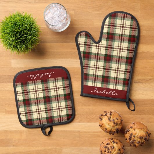 Personalisiertes Weihnachts-Rot-Grün-kariertes Mus Ofenhandschuh & Topflappen-Set (Oben Unten)