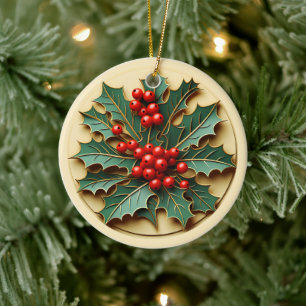 Personalisiertes Weihnachts-Stechpalme Keramik Ornament