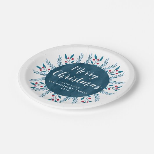 Personalisiertes Weihnachtsblau Pappteller (Schrägansicht)