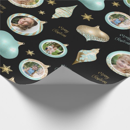 Personalisiertes Weihnachtsfest Aqua Gold Foto Orn Geschenkpapier (Ecke)