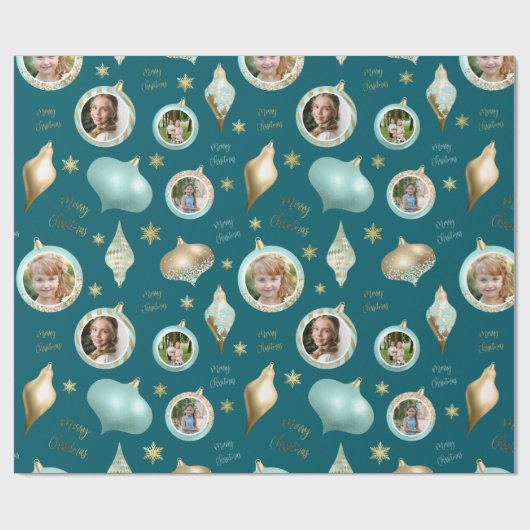 Personalisiertes Weihnachtsfest Aqua Gold Foto Orn Geschenkpapier (Flach)