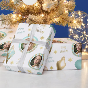 Personalisiertes Weihnachtsfest Aqua Gold Foto Orn Geschenkpapier