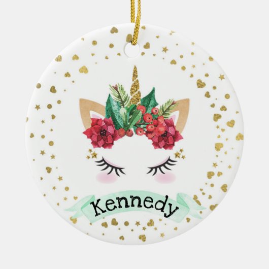 Personalisiertes Weihnachtsfest Einhorn Weihnachts Keramik Ornament (Vorne)