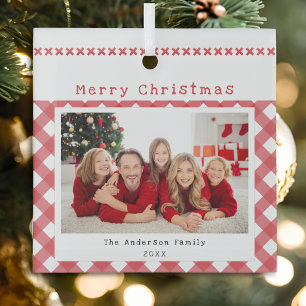 Personalisiertes Weihnachtsfoto Rot Gingham Ornament Aus Glas