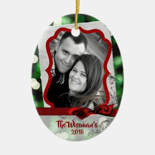 Personalisiertes Weihnachtsgrün Bokeh FOTO Ornamen Keramik Ornament (Vorne)