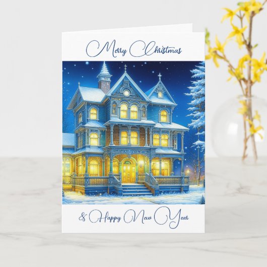 Personalisiertes Weihnachtshaus in einer schneebed Karte (Gelbe Blume)