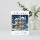 Personalisiertes Weihnachtshaus in einer schneebed Postkarte (Stehend Vorderseite)