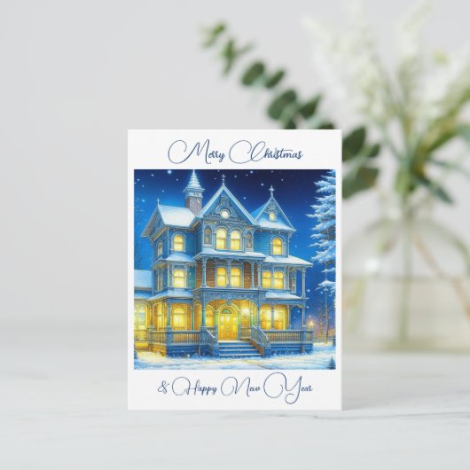 Personalisiertes Weihnachtshaus in einer schneebed Postkarte (Stehend Vorderseite)