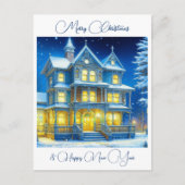 Personalisiertes Weihnachtshaus in einer schneebed Postkarte (Vorderseite)
