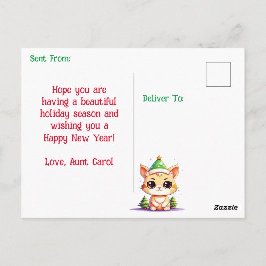 Personalisiertes Weihnachtskätzchen und glückliche Postkarte (Rückseite)