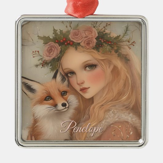 Personalisiertes Weihnachtsmädchen & Fox Keepake Ornament Aus Metall (Vorne)