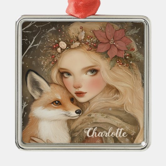Personalisiertes Weihnachtsmädchen und Fox Ornament Aus Metall (Vorne)
