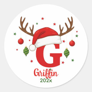 Personalisiertes Weihnachtsmonogramm G Santa Hut Runder Aufkleber
