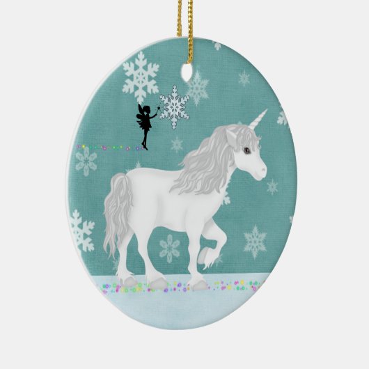 Personalisiertes Weißes Einhorn, Fairy und Schneef Keramik Ornament (Rechts)