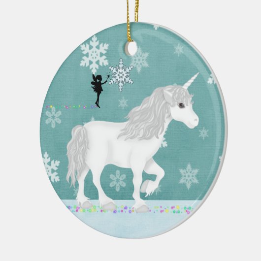 Personalisiertes Weißes Einhorn, Fairy und Schneef Keramik Ornament (Links)