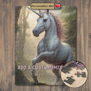 Personalisiertes weißes Einhorn im Wald Puzzle
