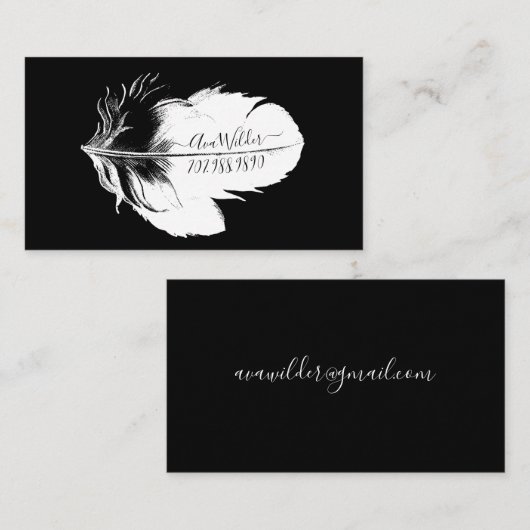 Personalisiertes weißes Federwerk auf schwarz Telefonnummerkarte (Vorne/Hinten)